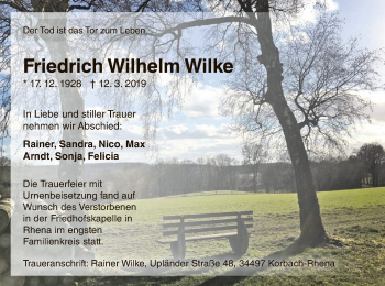 Traueranzeige von Friedrich Wilhelm Wilke von WLZ