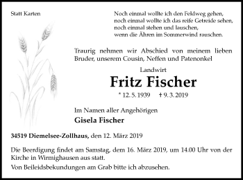 Traueranzeige von Fritz Fischer von WLZ