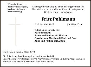 Traueranzeige von Fritz Pohlmann von WLZ