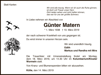 Traueranzeige von Günter Matern von WLZ
