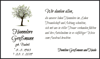 Traueranzeige von Hannelore Großmann von WLZ