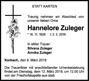 Traueranzeige von Hannelore Zuleger von WLZ