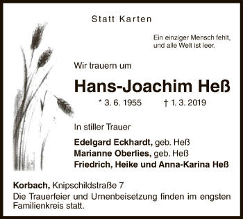 Traueranzeige von Hans-Joachim Heß von WLZ