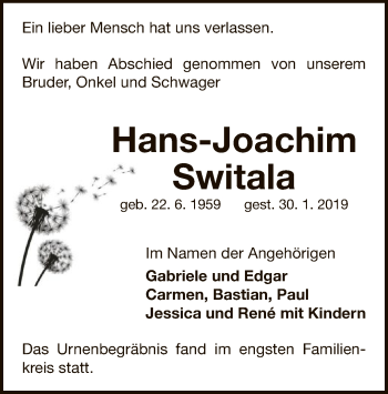 Traueranzeige von Hans-Joachim Switala von WLZ