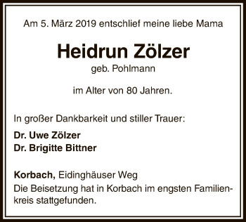 Traueranzeige von Heidrun Zölzer von WLZ