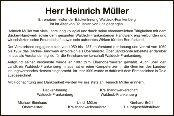 Traueranzeige von Heinrich Müller von WLZ