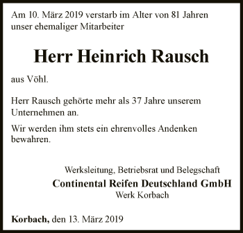 Traueranzeige von Heinrich Rausch von WLZ