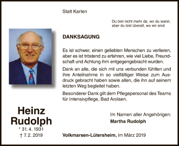 Traueranzeige von Heinz Rudolph von WLZ