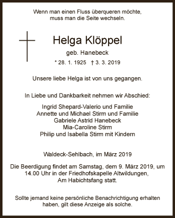 Traueranzeige von Helga Klöppel von WLZ