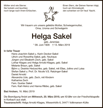 Traueranzeige von Helga Sakel von WLZ