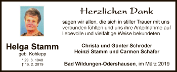 Traueranzeige von Helga Stamm von WLZ