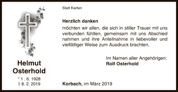 Traueranzeige von Helmut Osterhold von WLZ