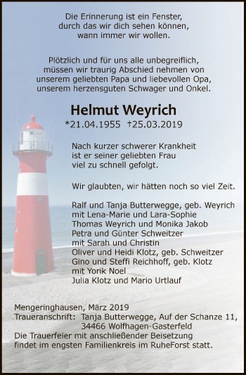 Traueranzeige von Helmut Weyrich von WLZ