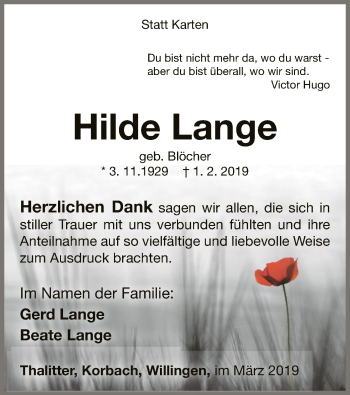 Traueranzeige von Hilde Lange von WLZ