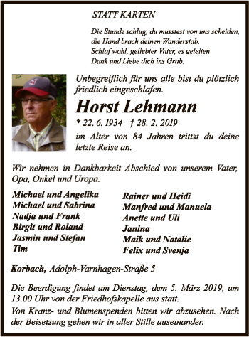 Traueranzeige von Horst Lehmann von WLZ