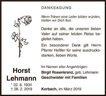 Traueranzeige von Horst Lehmann von WLZ