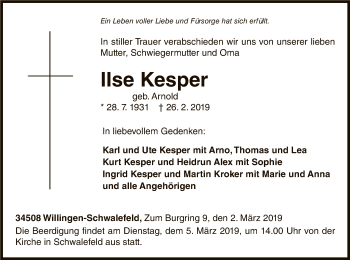 Traueranzeige von Ilse Kesper von WLZ