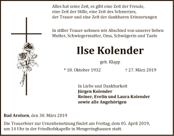 Traueranzeige von Ilse Kolender von WLZ