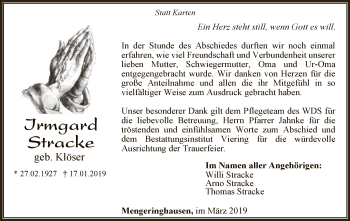Traueranzeige von Irmgard Stracke von WLZ