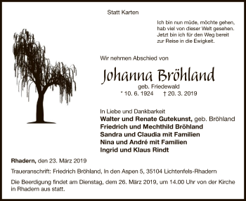 Traueranzeige von Johanna Bröhland von WLZ