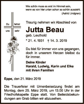 Traueranzeige von Jutta Beau von WLZ