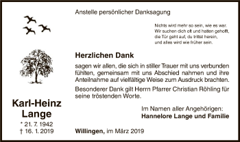 Traueranzeige von Karl-Heinz Lange von WLZ