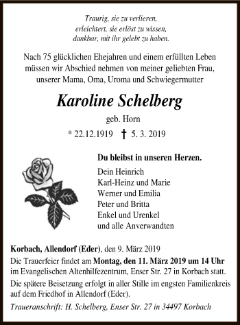 Traueranzeige von Karoline Schelberg von WLZ