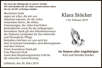 Traueranzeige von Klara Stöcker von WLZ