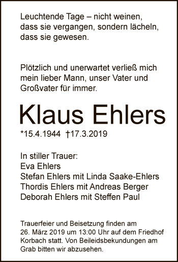 Traueranzeige von Klaus Ehlers von WLZ
