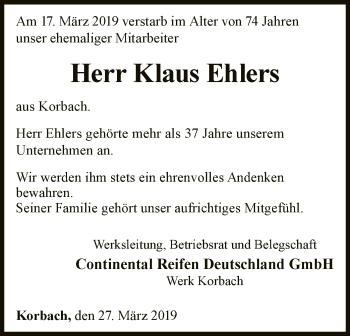 Traueranzeige von Klaus Ehlers von WLZ