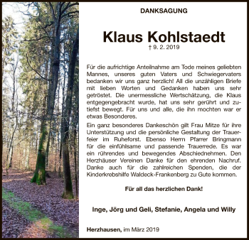 Traueranzeige von Klaus Kohlstaedt von WLZ
