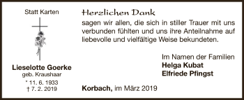 Traueranzeige von Lieselotte Goerke von WLZ