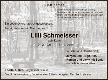 Traueranzeige von Lilli Schmeisser von WLZ