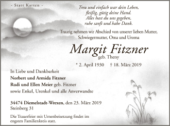 Traueranzeige von Margit Fitzner von WLZ