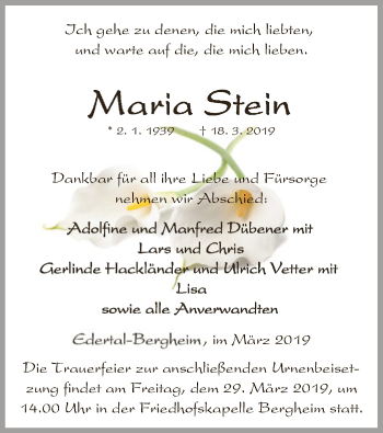 Traueranzeige von Maria Stein von WLZ