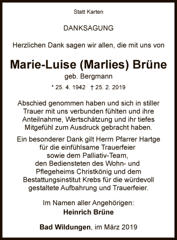 Traueranzeige von Marie-Luise Brüne von WLZ