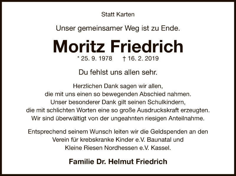  Traueranzeige für Moritz Friedrich vom 16.03.2019 aus WLZ