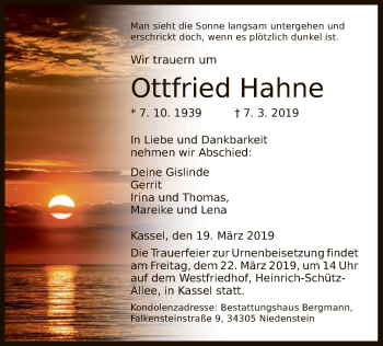 Traueranzeige von Ottfried Hahne von WLZ