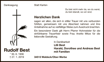Traueranzeige von Rudolf Best von WLZ
