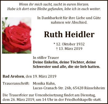 Traueranzeige von Ruth Heidler von WLZ