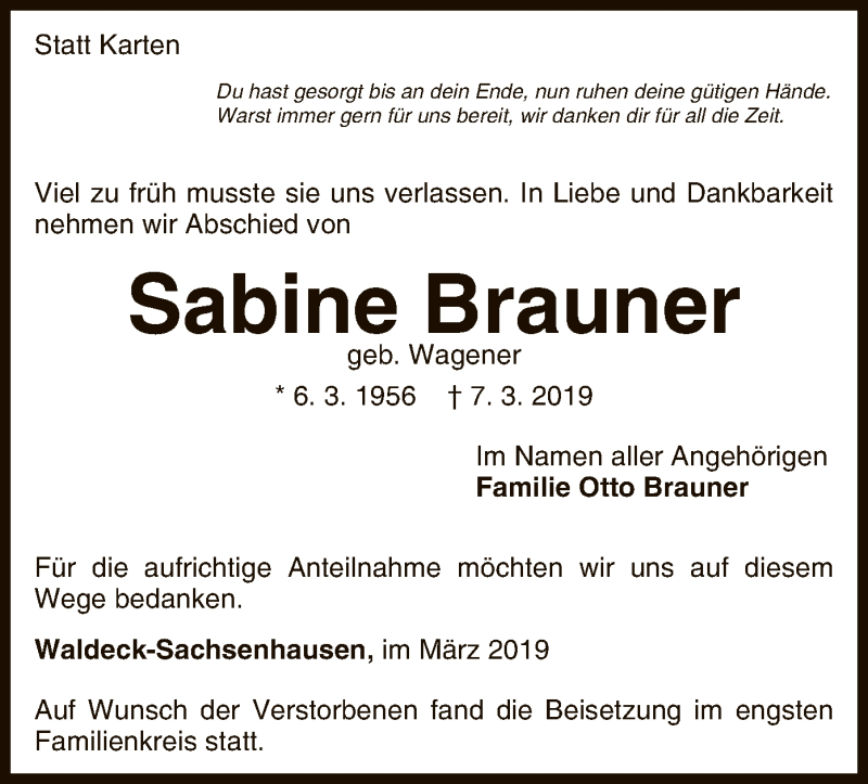  Traueranzeige für Sabine Brauner vom 20.03.2019 aus WLZ