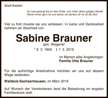 Traueranzeige von Sabine Brauner von WLZ