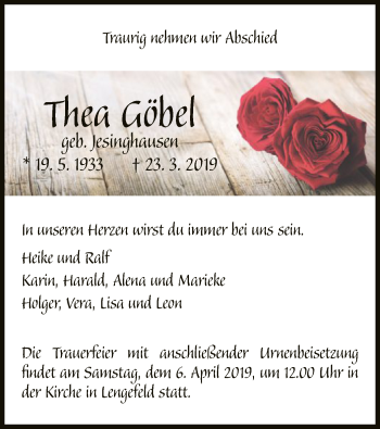 Traueranzeige von Thea Göbel von WLZ