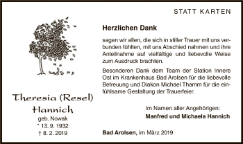 Traueranzeige von Theresia Hannich von WLZ