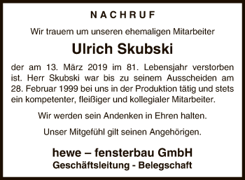 Traueranzeige von Ulrich Skubski von WLZ