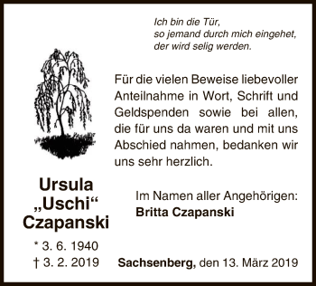 Traueranzeige von Ursula Czapanski von WLZ