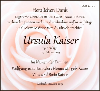 Traueranzeige von Ursula Kaiser von WLZ