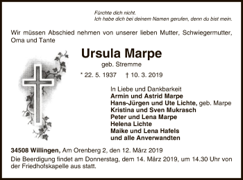 Traueranzeige von Ursula Marpe von WLZ