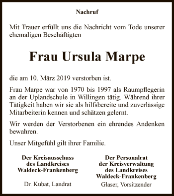 Traueranzeige von Ursula Marpe von WLZ