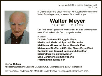 Traueranzeige von Walter Meyer von WLZ